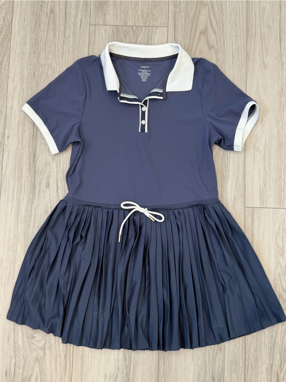 Varley Paloma Tennis Dress Navy Blue White Pleated Polo Activewear Collar